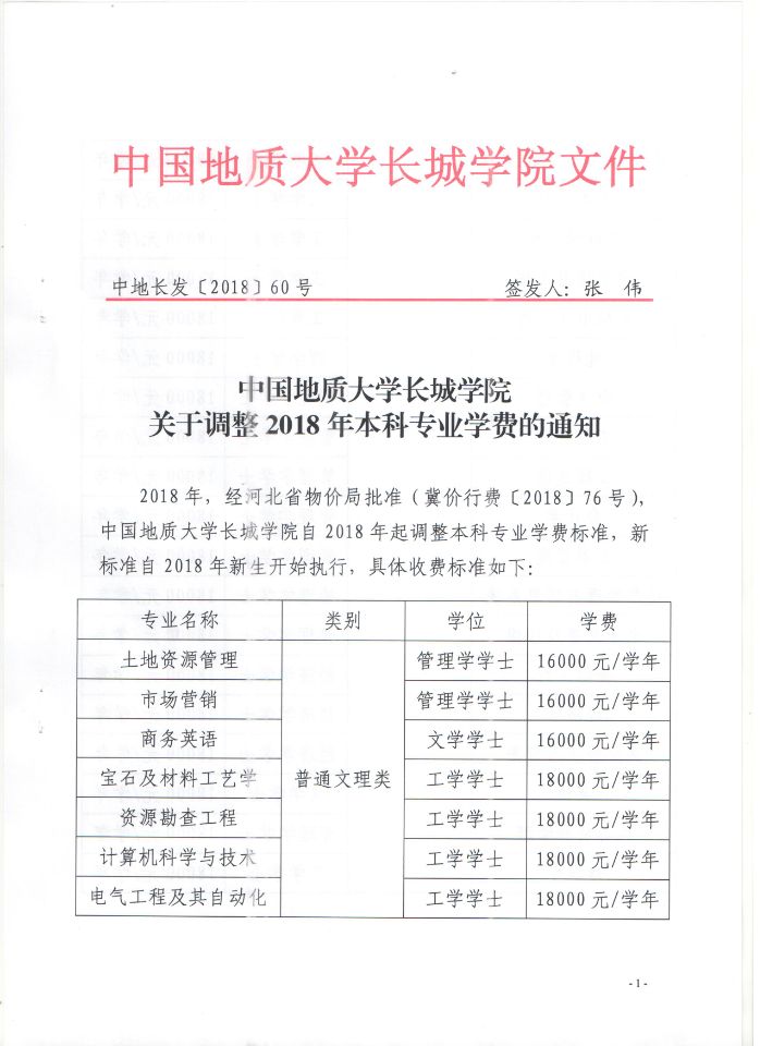 中国地质大学长城学院关于调整2018年本科专业学费的通知
